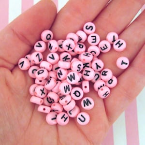 100 Pink and Black 7mm Round Resin Alphabet Beads, Acrylic Plastic Pastel Pink Letter Beads J28