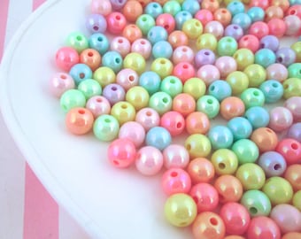 100 Pastel Acrylic Plastic Iridescent Round Beads Fairy Kei Beads, Resin 8mm Beads J92