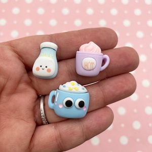 3 Assorted Coffee Cup Flatbacked Resin Cabochons, Hot Cocoa and Milk Bottle Flat Backed Acrylic Plastic Cabs 684