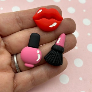 6 Girly Fashionista Make Up Cosmetic Resin Flat Backed Cabochons, Lip, Nail Polish, and Brush Flatbacked Acrylic Plastic Cabs 1015