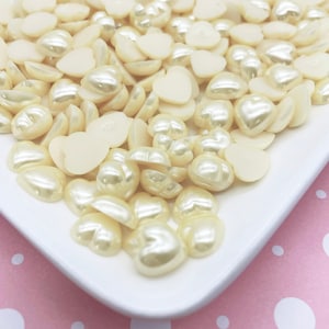 50 Ivory Flat Backed Acrylic Plastic Pearl Heart Cabochons, 12mm Valentines Flatbacked Resin Cabs H398