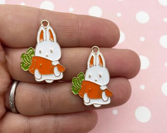 4 Cute White Enamel Bunny Rabbit Holding a Carrot Charms, 28mm Gold Plated Easter Pendants, F451