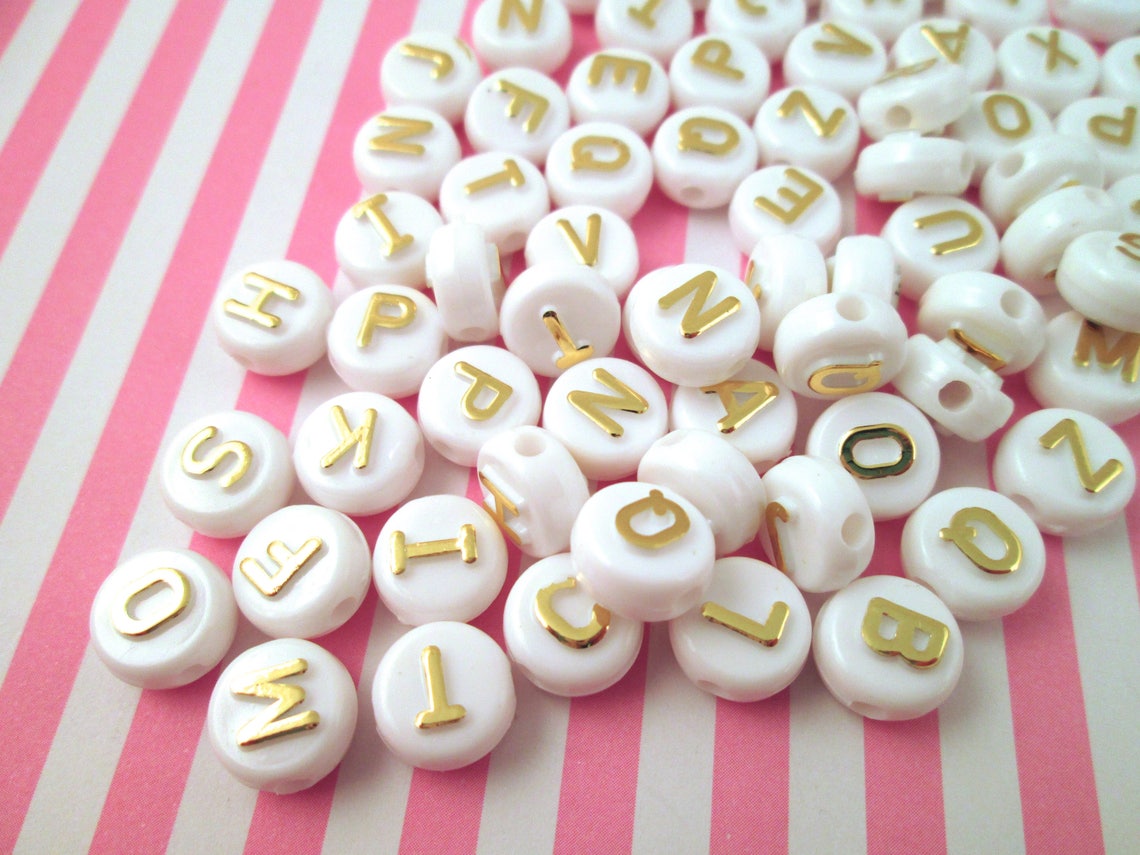 50 White and Gold Alphabet Beads White Letter Beads Acrylic Etsy