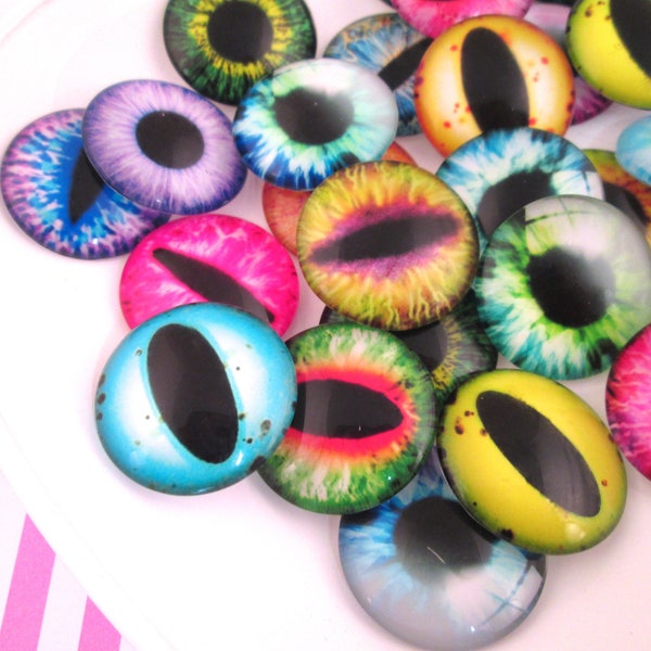 Six 25mm or 1 Inch Round Flat Backed Multicolor Glass Eye Cabochons, Flatbacked Cabs, Perfect for Halloween