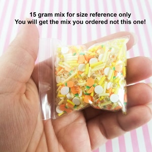 May include: A clear plastic bag filled with a mix of colorful sprinkles. The sprinkles are in the shape of pineapples, french fries, and small white circles. The bag is held in a hand. The text on the bag reads: "15 gram mix for size reference only. You will get the mix you ordered not this one!"