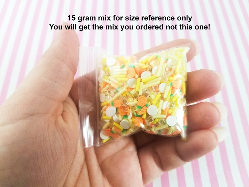 May include: A clear plastic bag filled with a mix of colorful sprinkles. The sprinkles are in the shape of pineapples, french fries, and small white circles. The bag is held in a hand. The text on the bag reads: "15 gram mix for size reference only. You will get the mix you ordered not this one!"