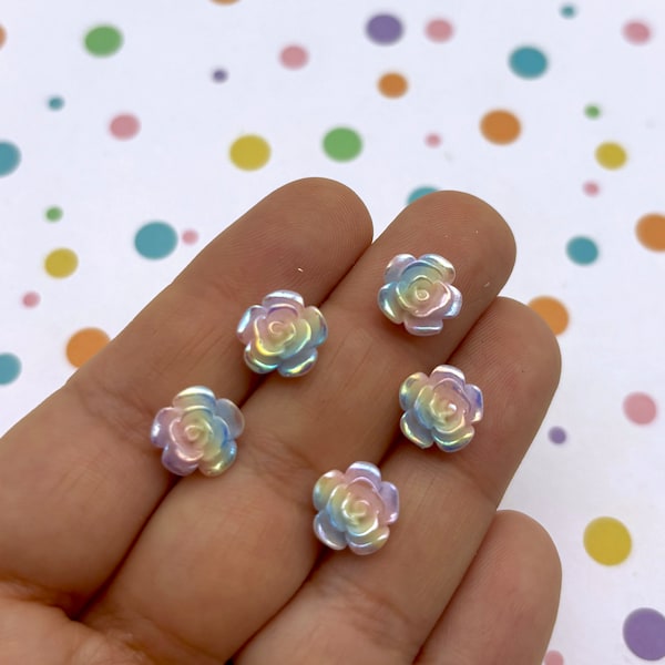 10 White Rainbow 10mm resin Flatbacked rose cabochons, cute plastic flat backed flower cabs L430