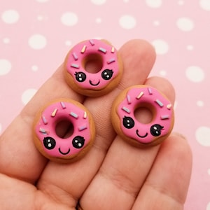 3 Kawaii Miniature Frosted Strawberry Pink Frosted Flatbacked Resin Donut Cabochons, Decoden Flat Backed Acrylic Plastic Doughnut Cabs, 619A
