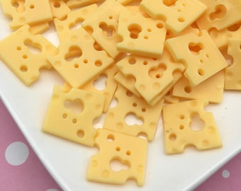 6 Miniature Swiss Cheese Slice Cabochons, Square Cabochons, Fake Food Cabochons #128A