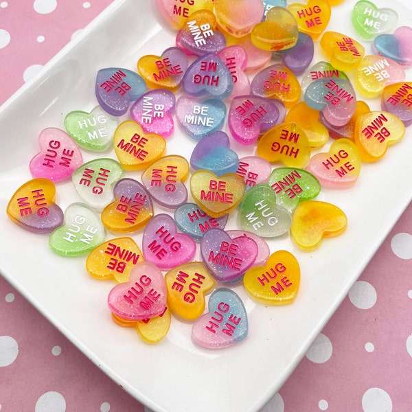 6 Glittery Hug Me and Be Mine Conversation Heart Resin Cabochons, Valentines Day Cabs, Heart Cabochons, Resin Embellishments #358