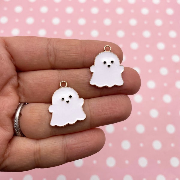 6 Gold Tone Enamel Cute Halloween Spooky Ghost Charms, Spirit Enamel Pendants, F500