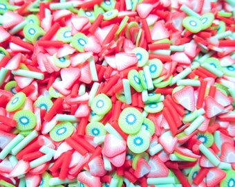 STRAWBERRY KIWI MIX Strawberry and Kiwi Slices with Green Polymer Clay Non Edible Fake Sprinkles, Decoden Funfetti Jimmies  E241