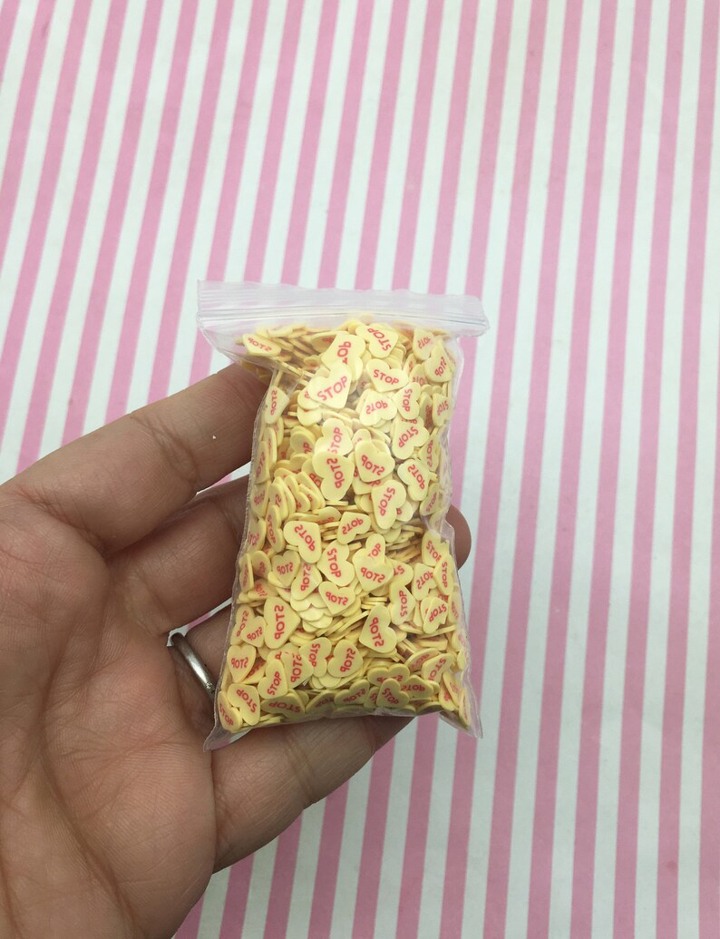 STOP Nasty Mean Darker Yellow Conversation Hearts Fake Candy Heart Nail Art Slices N3 Polymer Clay Heart Heart Slices Anti Valentine