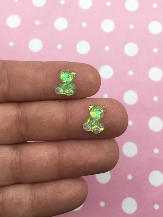 10 Tiny Spring Green Glittery Bear Cabochons for Nail Decoration