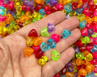 50 Multicolor Rainbow Heart Acrylic Plastic Beads, 8x7mm Kawaii Resin Kids Craft Beading Supply J22