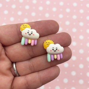4 White and Pastel Cute Flatbacked Resin Happy Rain Cloud Cabochons, Sweet Kawaii Flat Backed Acrylic Plastic Cabs 1301
