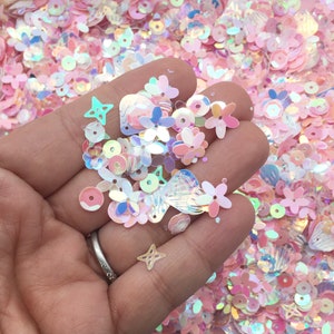 Conchas de sirena rosa iridiscentes con purpurina de formas variadas, elige la cantidad que desees, mezcla para esparcir confeti en la mesa, purpurina kawaii T118