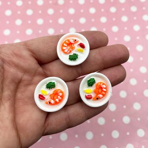 Three Shrimp Dinner Flat Backed Resin Cabochons, Seafood Platter Flatbacked Acrylic Plastic Dollhouse Miniature Food Cabs, #375A