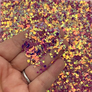 Magenta Pink Iridescent Shift Pastel Golden Celestial Moon Star Assorted Shape Glitter, F738