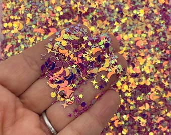 Magenta Pink Iridescent Shift Pastel Golden Celestial Moon Star Assorted Shape Glitter, F738