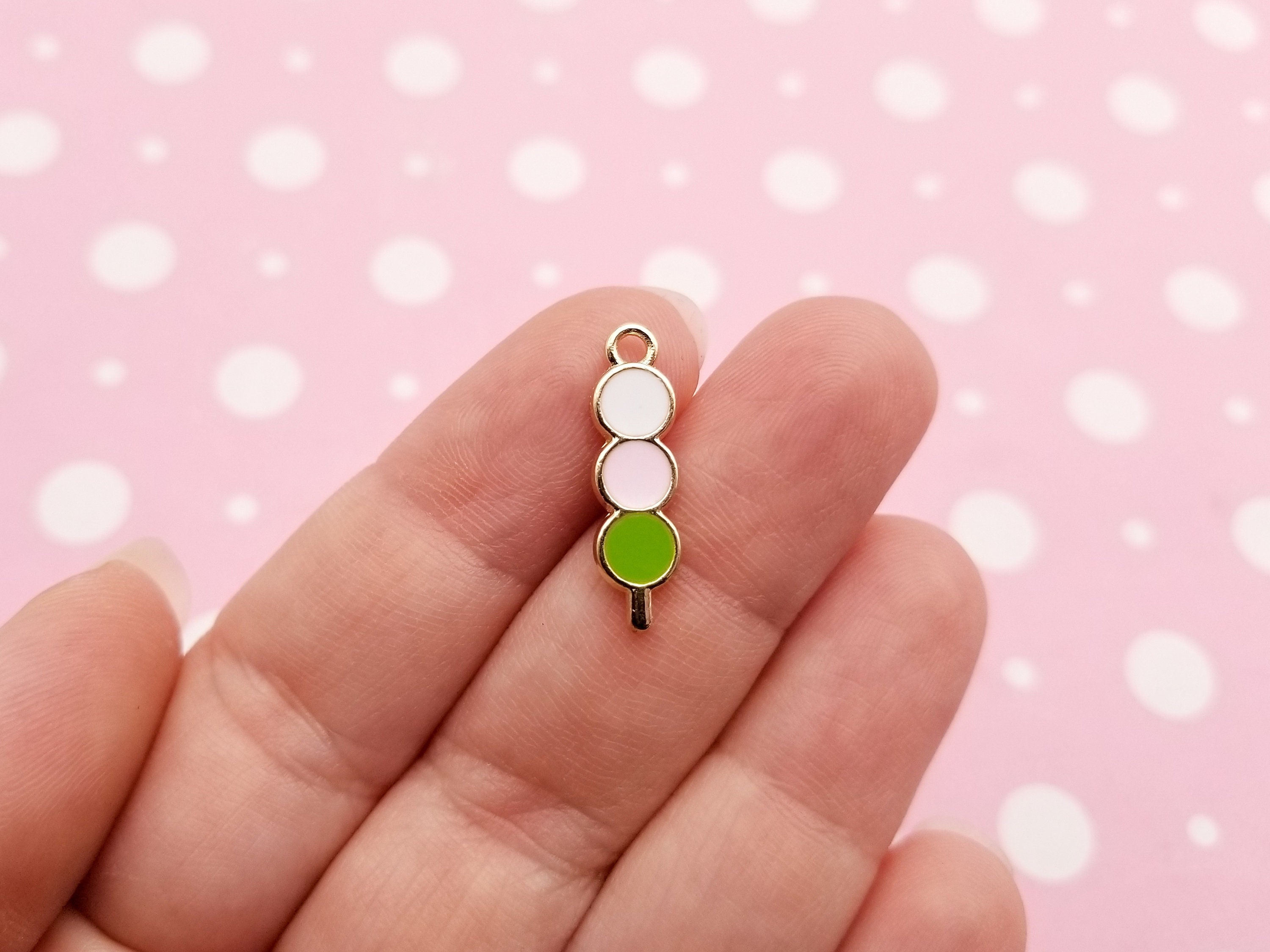 8 Gold Tone 23mm Enamel Tri-color Pastel Pink Green White Dango Charms, Enamel Charm Pendants, Rice Cake Charms, F511