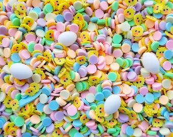 Chicken Coop Easter Sprinkle Mix with 3 resin egg cabochons, Polymer Clay Fake Sprinkles, Decoden Funfetti Jimmies V50