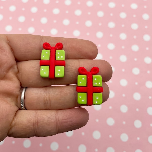 5 Red and Green Christmas Present Cabochons, Cute Xmas Holiday Gift Cabs, #Dh161b