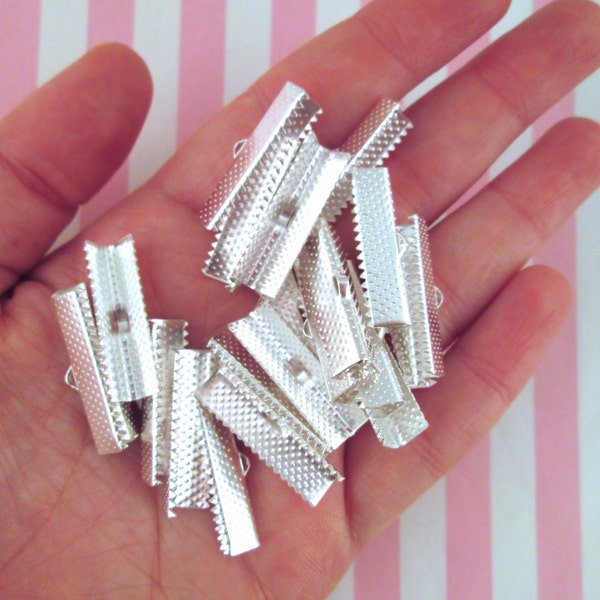 25 Silver Ribbon Crimps, Ribbon Clips, 8x25mm, 1 Inch Ribbon Crimps, B130