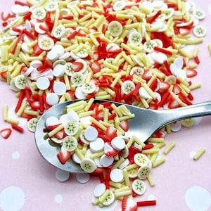 STRAWBERRY BANANA SMOOTHIE, Yellow, White, Red Polymer Clay Fake Sprinkles with Strawberry and Banana Slices, Decoden Funfetti Jimmies E137