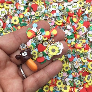 May include: A variety of colorful resin charms, including flowers, crowns, hearts, leaves, and animals. The charms are scattered on a surface and a hand is holding a brown bear charm with an orange popsicle.