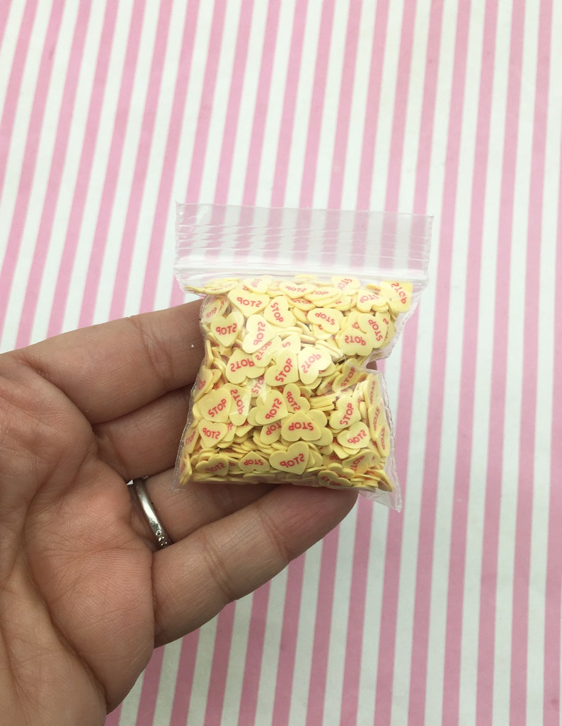 STOP Nasty Mean Darker Yellow Conversation Hearts Fake Candy Heart Nail Art Slices N3 Polymer Clay Heart Heart Slices Anti Valentine