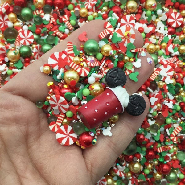 Mousey Mint Mocha Sprinkle Mix with 1 Cabochon, Plastic Christmas Polymer Clay Holiday Fake Non Edible Sprinkle Mix V78