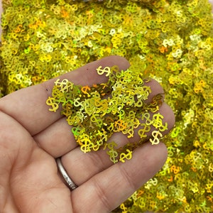 Holograma dorado con símbolo de dólar, purpurina holográfica resistente a disolventes, molde para decoración de uñas y confeti de resina para mesa T97