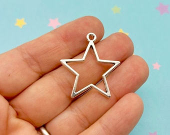 10 Silver Plated 29mm Star Charm, Open Bezel Pendants, Diy Open
