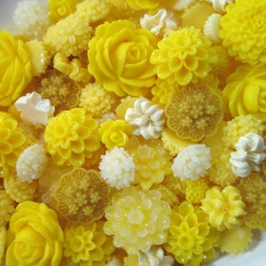 10 Piece Yellow Mix Flower Cabochons Grab Bag 10pc Roses Mums (DESTASH SALE)