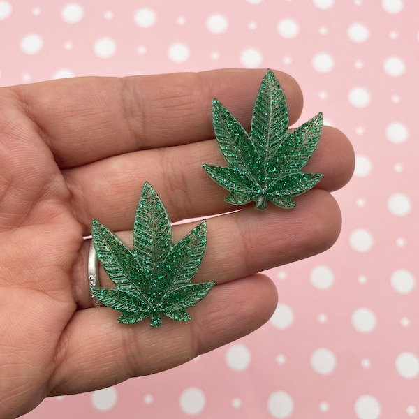 3 Green Glittery Pot Leaf Cabochon Charms, Marijuana, Weed, Hemp, Cannabis Pendants #737