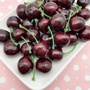 Ten 3D B Grade Large Life-size Dark Bing Cherry Cabochons, Foam Filled Cherries
