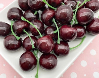 Diez cabujones de cereza Bing oscuros de tamaño natural grandes de grado B en 3D, cerezas rellenas de espuma