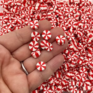 20 Christmas Candy Polymer Clay Beads, Cute Christmas Holiday Red Peppermint Candy Beads For Decoden, #257