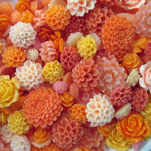 10 Piece Orange and Melon Mix Flower Cabochons Grab Bag 10pc Roses Mums (DESTASH SALE)