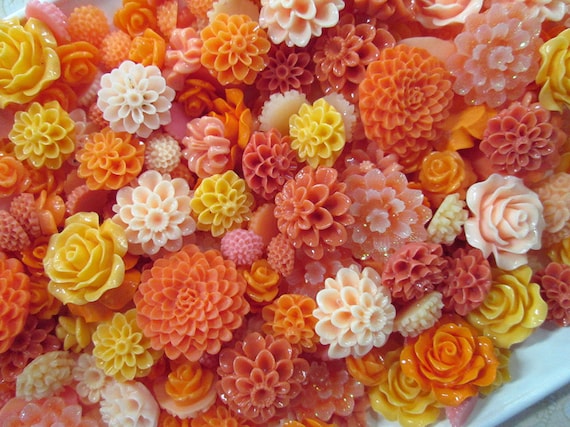 10 Piece Orange and Melon Mix Flower Cabochons Grab Bag 10pc Roses Mums (DESTASH SALE)
