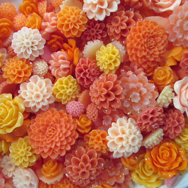 20 Piece Orange and Melon Mix Flower Cabochons Grab Bag 20pc Roses Mums (DESTASH SALE)