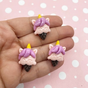6 Pastel Lavender and Pink Flatbacked 26mm Resin Unicorn Ice Cream Cone Cabochons, Kawaii Flat Backed Acrylic Plastic Icecream Cabs 161