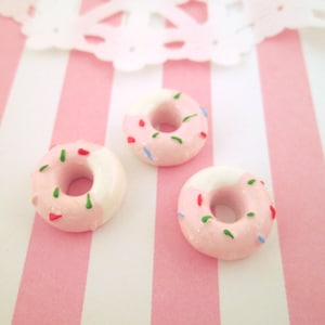 6  Miniature Pink Strawberry Sprinkled Donut Cabs, Kawaii Decoden Desserts, Fake Mini Donuts, Craft Supplies, Flatbacked Cabochons #027