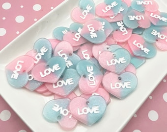 4 Big Pink and Blue Glitter Resin Love Heart Cabochon Pendants, Heart Cabochons, Cute Bling Cabs, Valentines Day Charms,#1161A