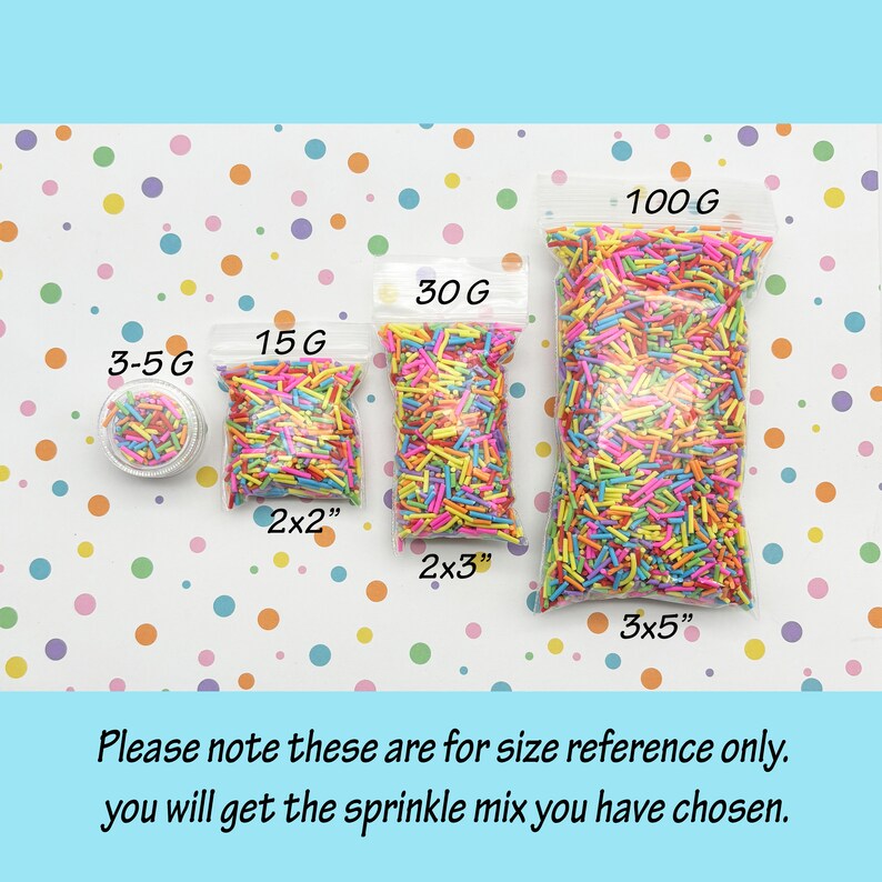 May include: Four bags of colorful sprinkles in different sizes. The bags are labeled with the weight of the sprinkles in grams and the approximate size of the bag in inches. The bags are on a white background with colorful polka dots.