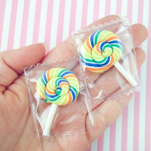 2 Bagged Rainbow Polymer Clay Lollipop Cabochons Fake Candy, Fake Bake Lollypop Candies #1062a
