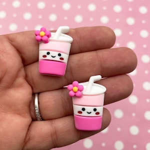 6 Cabochões de Refrigerante Milkshake de Resina Rosa com Costas Planas em Miniatura, Cabochões de Plástico Acrílico Rosa Pastel com Costas Planas 854