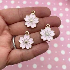 8 Pink 21mm Enamel Cherry Blossom Sakura Flower Pendant