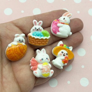 5 Cabochões de Páscoa de coelho de resina com fundo plano sortidos, lindos cabos kawaii de acrílico e plástico com fundo plano 1038